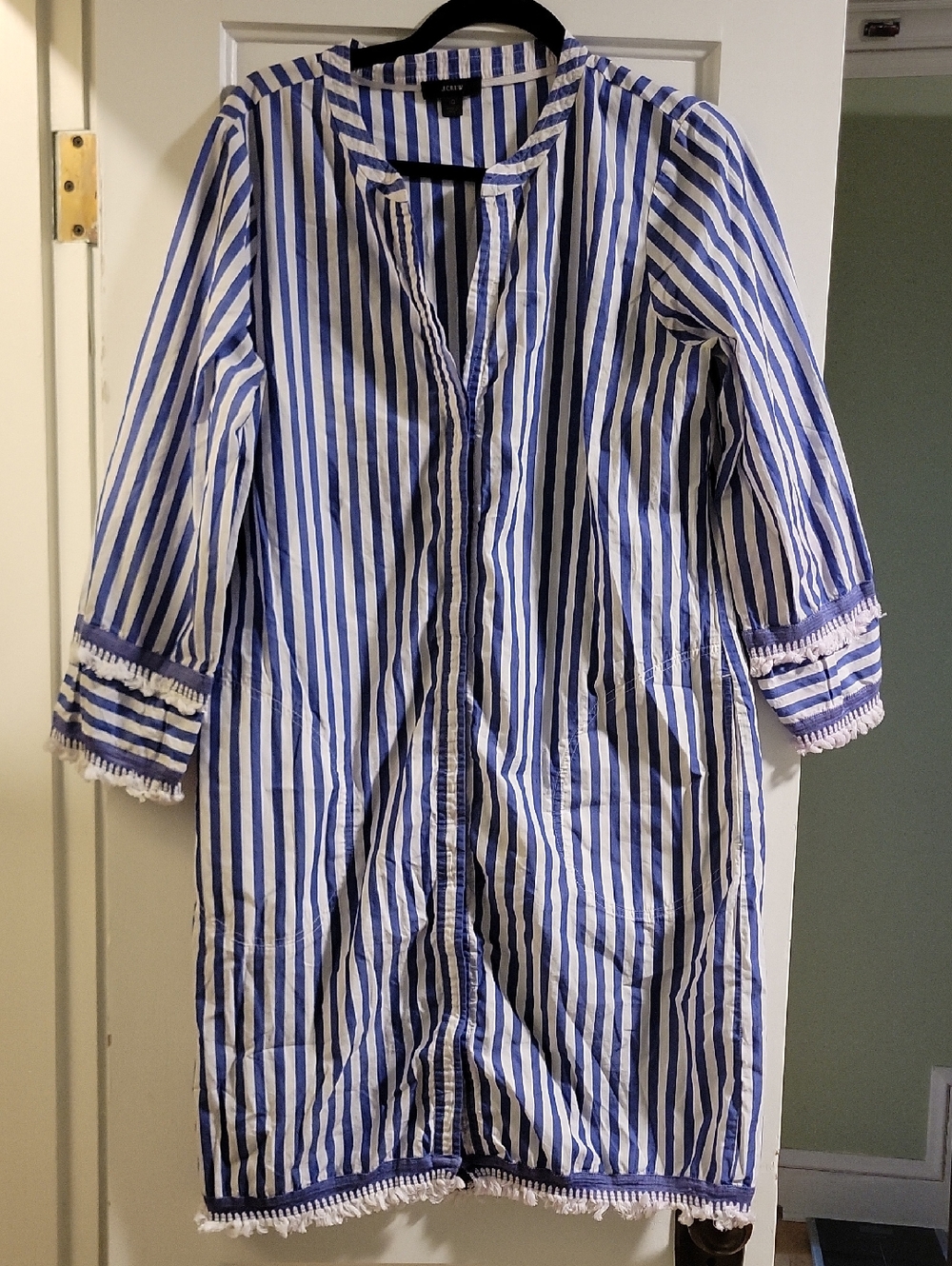 J. Crew Blue and White Striped Button Fringe Shirt Dress Tunic Coverup - 10